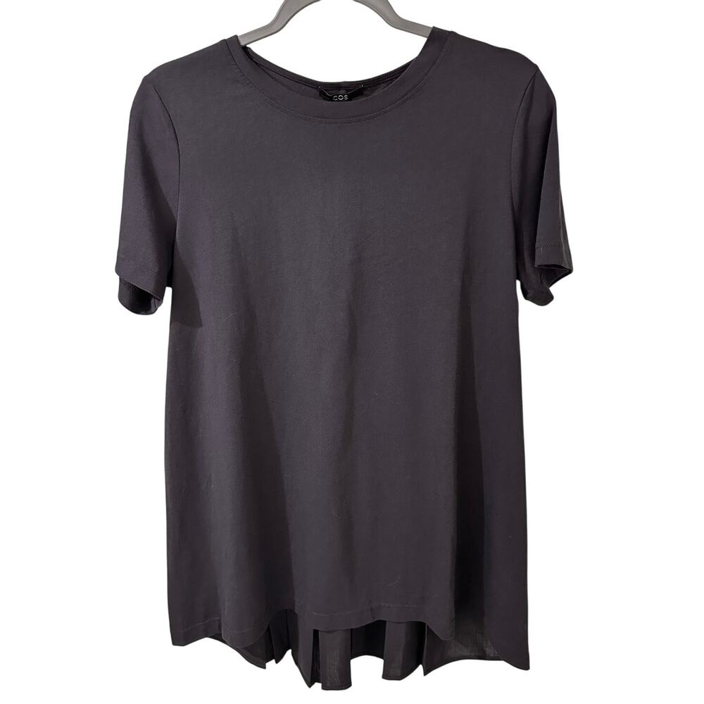 COS Women's Navy Blue Pleated Back Tunic Top Short Sleeve Minimalist Flowy, S